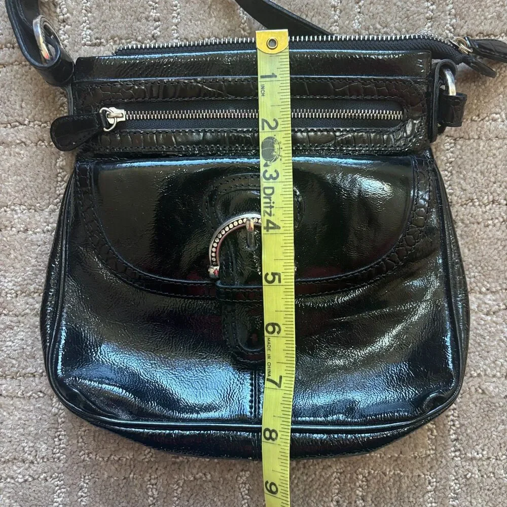 Brighton Bali Shine Patent Leather Crossbody Purse Black Organizer Zip Closure